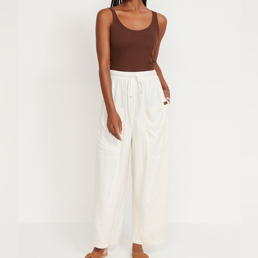 Peace Love World Linen Blend Wide Leg Ankle Pants Off White Drawstring Size S